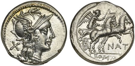 Pinarius Natta, Denarius, Rome, 155 BC; AR (g 3,93; mm 18; h 4); Helmeted...