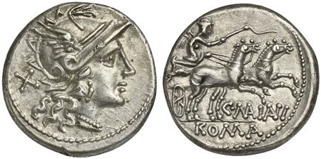 C. Maianus, Denarius, Rome, 153 BC; AR (g 3,71; mm 17; h 4); Helmeted head of...