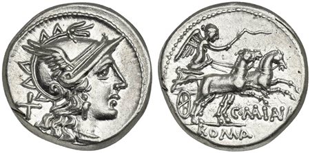 C. Maianus, Denarius, Rome, 153 BC; AR (g 4,19; mm 17; h 9); Helmeted head of...