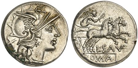 L. Saufeius, Denarius, Rome, 152 BC; AR (g 4,19; mm 17; h 8); Helmeted head...