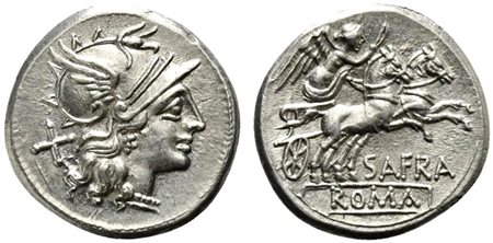 Spurius Afranius, Denarius, Rome, 150 BC; AR (g 4,07; mm 19; h 12); Helmeted...
