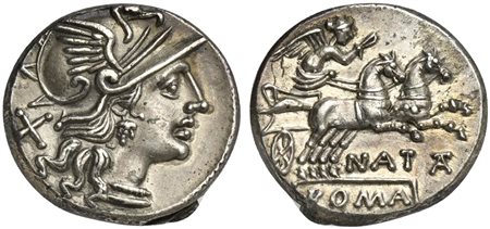 Pinarius Natta, Denarius, Rome, 149 BC; AR (g 3,96; mm 17; h 12); Helmeted...