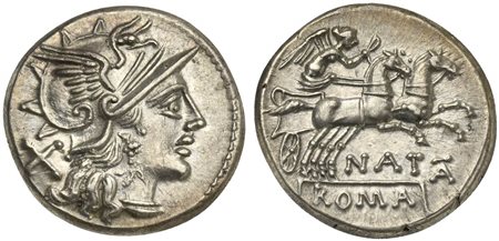 Pinarius Natta, Denarius, Rome, 149 BC; AR (g 3,94; mm 18; h 5); Helmeted...