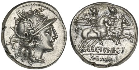 C. Junius C.f., Denarius, Rome, 149 BC; AR (g 4,04; mm 18; h 10); Helmeted...