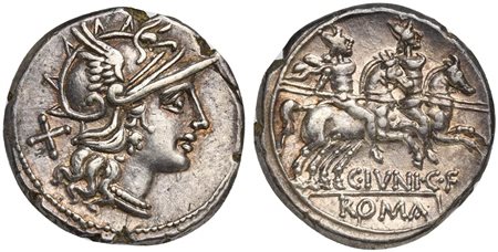 C. Junius C.f., Denarius, Rome, 149 BC; AR (g 3,97; mm 18; h 1); Helmeted...