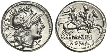 M. Atilius Saranus, Denarius, Rome, 148 BC; AR (g 4,13; mm 18; h 2); Helmeted...