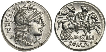 M. Atilius Saranus, Denarius, Rome, 148 BC; AR (g 4,02; mm 18; h 3); Helmeted...