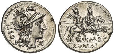 Q. Marcius Libo, Denarius, Rome, 148 BC; AR (g 3,82; mm 19; h 12); Helmeted...