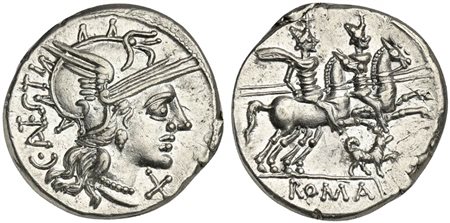 C. Antestius, Denarius, Rome, 146 BC; AR (g 3,65; mm 19; h 10); Helmeted head...