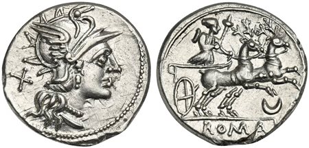 Anonymous, Denarius, Rome, 143 BC; AR (g 3,41; mm 19; h 2); Helmeted head of...