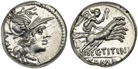 C. Titinius, Denarius, Rome, 141 BC; AR (g 3,99; mm 17; h 6); Helmeted head...