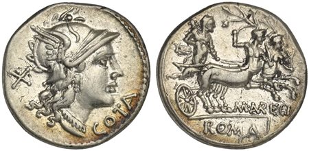 M. Aurelius Cotta, Denarius, Rome, 139 BC; AR (g 3,79; mm 19; h 2); Helmeted...
