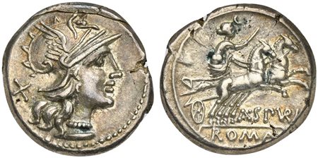 A. Spurilius, Denarius, Rome, 139 BC; AR (g 3,90; mm 18; h 10); Helmeted head...