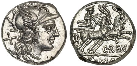 C. Renius, Denarius, Rome, 138 BC; AR (g 4,06; mm 16; h 4); Helmeted head of...