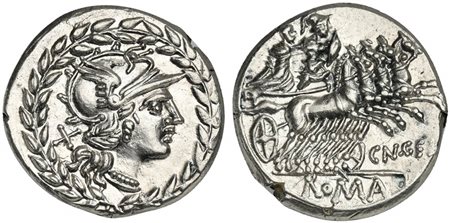 Cn. Gellius, Denarius, Rome, 138 BC; AR (g 4,04; mm 19; h 3); Helmeted head...