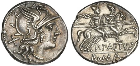 P. Aelius Paetus, Denarius, Rome, 138 BC; AR (g 3,78; mm 19; h 5); Helmeted...