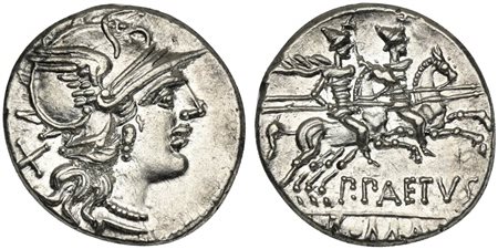 P. Aelius Paetus, Denarius, Rome, 138 BC; AR (g 3,47; mm 18; h 3); Helmeted...