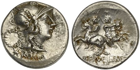 C. Servilius M.f., Denarius, Rome, 136 BC; AR (g 3,94; mm 20; h 7); Helmeted...