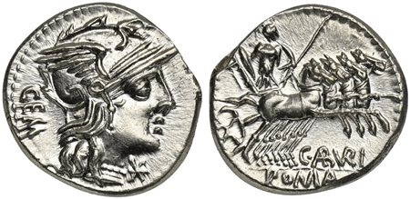 C. Aburius Geminus, Denarius, Rome, 134 BC; AR (g 3,96; mm 19; h 12);...