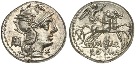 M. Marcius Mn.f., Denarius, Rome, 134 BC; AR (g 3,95; mm 17; h 6); Helmeted...