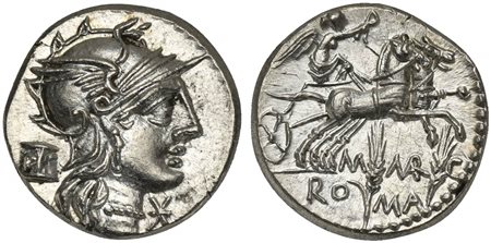 M. Marcius Mn.f., Denarius, Rome, 134 BC; AR (g 3,92; mm 17; h 1); Helmeted...