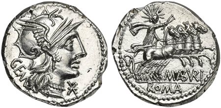 M. Aburius M.f. Geminus, Denarius, Rome, 132 BC; AR (g 3,99; mm 20; h 9);...