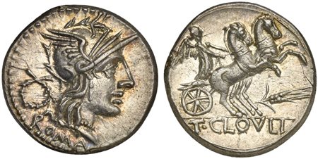 T. Cloelius, Denarius, Rome, 128 BC; AR (g 3,93; mm 19; h 3); Helmeted head...