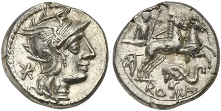 Elephant’s head series, Denarius, Rome, 128 BC; AR (g 3,92; mm 18; h 6);...