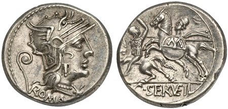 C. Servilius Vatia, Denarius, Rome, 127 BC; AR (g 3,99; mm 18; h 7); Helmeted...