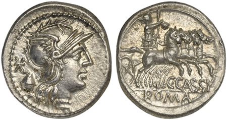 C. Cassius, Denarius, Rome, 126 BC; AR (g 4,01; mm 19; h 1); Helmeted head of...