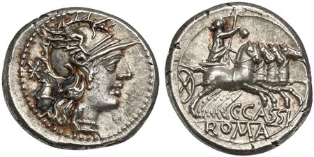 C. Cassius, Denarius, Rome, 126 BC; AR (g 3,92; mm 19; h 3); Helmeted head of...