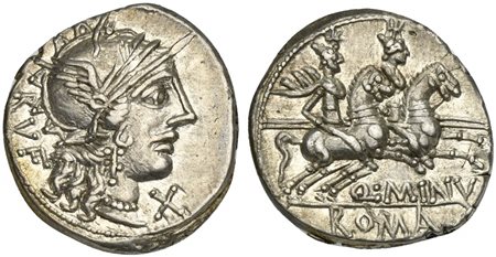 Q. Minucius Rufus, Denarius, Rome, 122 BC; AR (g 3,89; mm 18; h 8); Helmeted...