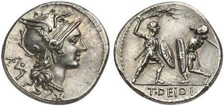 T. Didius, Denarius, Rome, 113 or 112 BC; AR (g 3,95; mm 19; h 7); Helmeted...