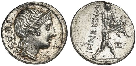 M. Herennius, Denarius, Rome, 108 or 107 BC; AR (g 4,03; mm 18; h 12); Head...