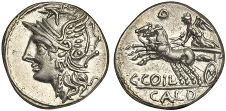 C. Coelius Caldus, Denarius, Rome, 104 BC; AR (g 3,96; mm 17; h 4); Helmeted...