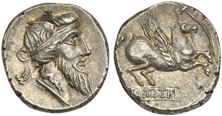 Q. Titius, Denarius, Rome, 90 BC; AR (g 3,97; mm 17; h 12); Bearded head r.,...