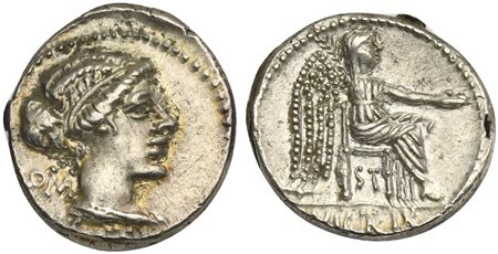 M. Porcius Cato, Denarius, Rome, 89 BC; AR (g 3,95; mm 18; h 3); Draped...