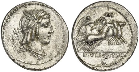 L. Julius Bursio, Denarius, Rome, 85 BC; AR (g 3,72; mm 21; h 7); Male head...