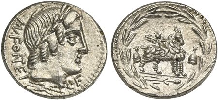 Mn. Fonteius C.f., Denarius, Rome, 85 BC; AR (g 3,81; mm 19; h 12); Laureate...