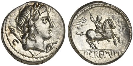 P. Crepusius, Denarius, Rome, 82 BC; AR (g 4,51; mm 17; h 12); Laureate head...