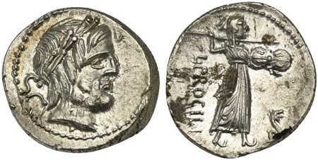 L. Procilius, Denarius, Rome, 80 BC; AR (g 3,71; mm 19; h 1); Laureate head...