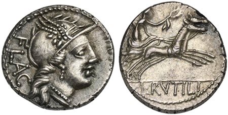 L. Rutilius Flaccus, Denarius, Rome, 77 BC; AR (g 3,53; mm 18; h 4); Helmeted...