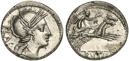 L. Rutilius Flaccus, Denarius, Rome, 77 BC; AR (g 4,16; mm 18; h 6); Helmeted...