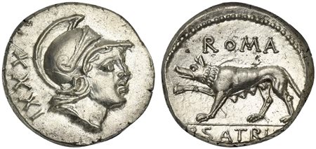 P. Satrienus, Denarius, Rome, 77 BC; AR (g 3,77; mm 17; h 6); Helmeted head...