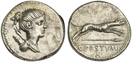 C. Postumius, Denarius, Rome, 74 BC; AR (g 3,98; mm 18; h 5); Draped bust of...