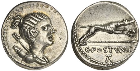 C. Postumius, Denarius, Rome, 74 BC; AR (g 3,86; mm 18; h 6); Draped bust of...