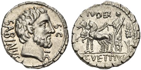 T. Vettius Sabinus, Denarius Serratus, Rome, 70 BC; AR (g 3,92; mm 19; h 6);...