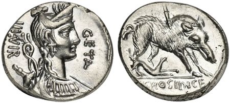 C. Hosidius C.f. Geta, Denarius, Rome, 68 BC; AR (g 3,89; mm 17; h 6); Draped...