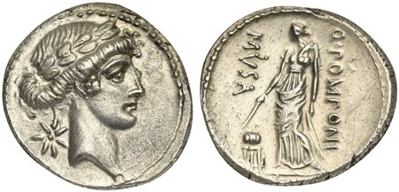 Q. Pomponius Musa, Denarius, Rome, 66 BC; AR (g 3,96; mm 18; h 5); Laureate...