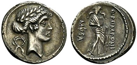 Q. Pomponius Musa, Denarius, Rome, 66 BC; AR (g 3,80; mm 18; h 6); Laureate...